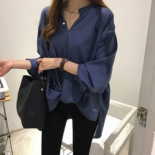 M-4XL 現貨 大尺碼上衣 素色 交叉 女生長袖襯衫 加大尺碼 女生衣著 女生襯衫 衣著 韓版 百搭 正韓上衣