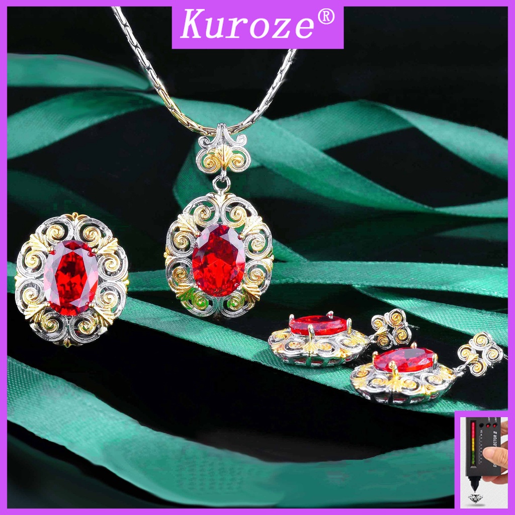 Kuroze 復古彩色寶石首飾套裝紅色鑽石項鍊彩色寶石耳環戒指