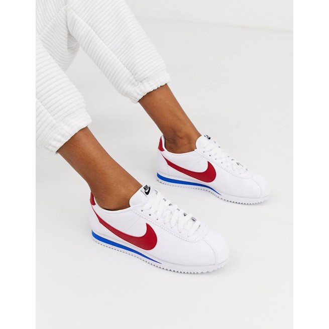 mens nike cortez leather white red blue