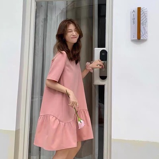 【17LOVE】包色必收！輕鬆自在 純棉短袖 潮流可愛休閒運動荷葉邊 洋裝 連身裙黑粉芥末黃 渡假洋裝 約會裙 寬鬆上衣