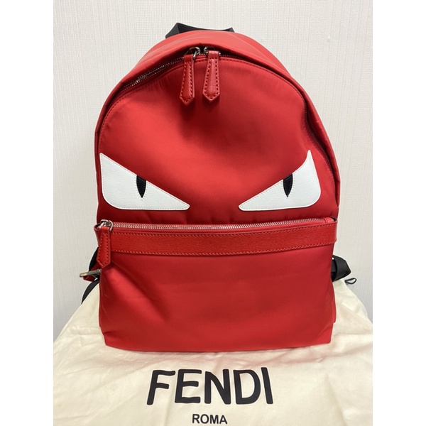 《專櫃正品》FENDI Bag Bugs Monster 小怪獸眼睛圖案 雙拉鏈開口 尼龍拼接紅色皮革 雙肩後背包！