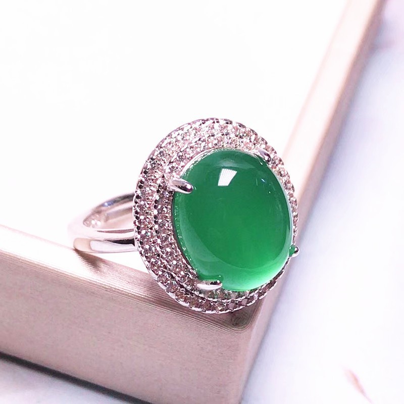 天然祖母綠冰種綠玉髓925銀鑲嵌戒指活扣轉運指環飾品送禮物