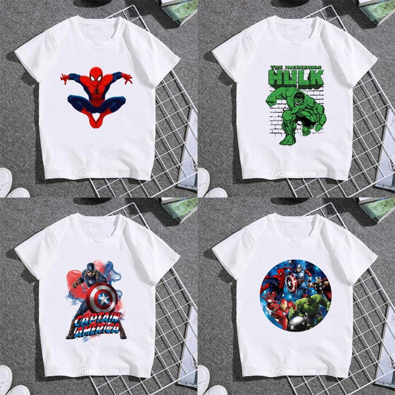 復仇者聯盟超級英雄 T 恤兒童男孩 T 恤蜘蛛俠美國隊長綠巨人印花嬰兒青少年兒童衣服夏季上衣生日禮物