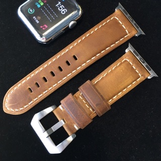 【蘋果錶帶家】『嚴選6mm加厚』apple watch 42/ 44/45/49用淺咖啡色棕色義大利頂級瘋馬磨砂牛皮錶帶