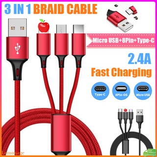 【現貨】編織 3 合 1 快速充電線適用於 Micro Usb/i/Type C 手機快速充電器線數據線