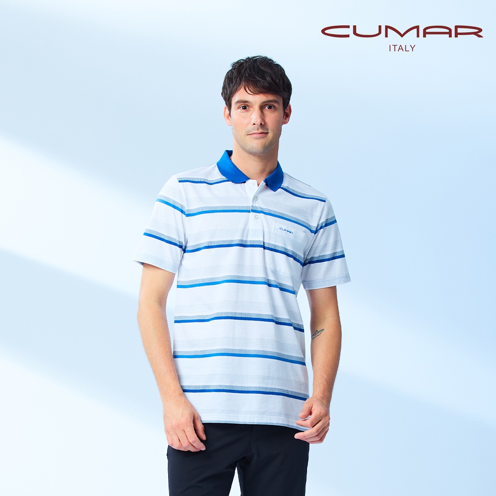 【CUMAR】男裝短袖棉質條紋POLO衫 208252-44藍