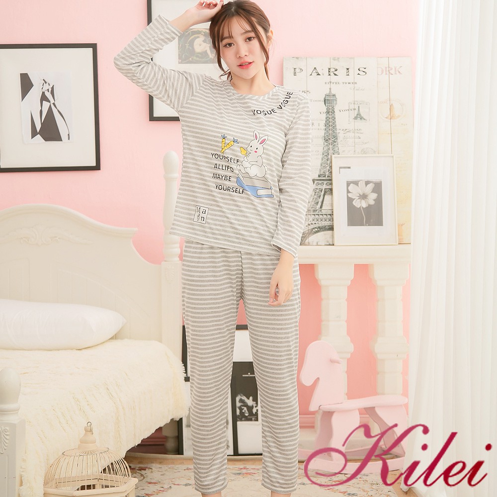 【Kilei】橫條紋牛奶絲蘿蔔兔英字長袖二件式睡衣組XA3895-02(休閒灰)全尺碼