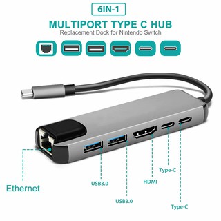 任天堂 6in1 Type-C轉HDMI+USB3.0*2+PD充電+USB C +RJ45 HUB 適用於Macboo
