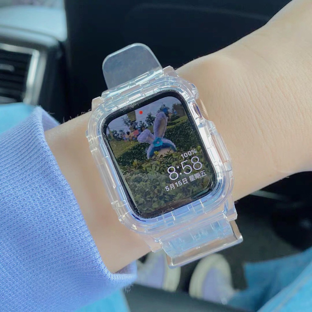 適用於Apple watch SE透明連體錶帶冰川錶帶 蘋果手錶iwatch 4/5/6代防摔TPU一體鎧甲防摔錶帶