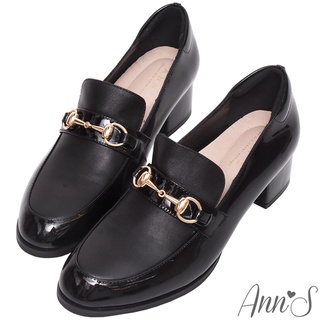 Ann’S質感拼接小羊皮金釦粗跟樂福鞋 4.5cm-漆皮黑