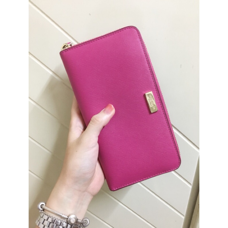 Kate spade 金牌 長夾皮夾 正品 二手 防刮牛皮真皮 桃紅粉紅 購自Redcherry