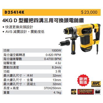 【玖家五金】全新得偉DEWALT 1000W三用4KG D型握把四溝電鎚鑽D25413K升級D25414K(公司貨)