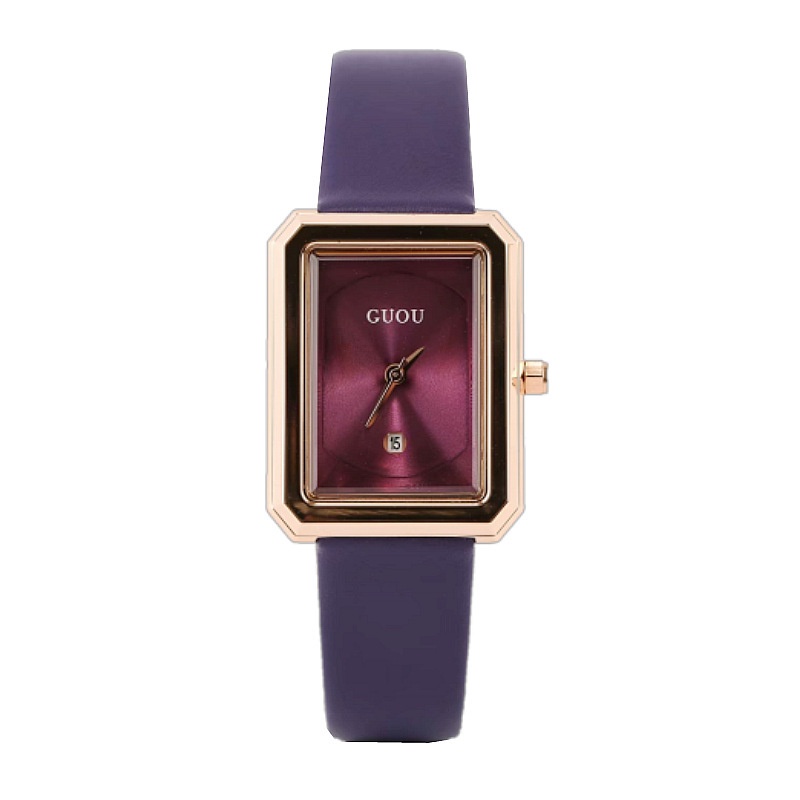 GUOU古歐復古尚新款帶日曆簡約女表  軟皮小方形潮流女士手錶