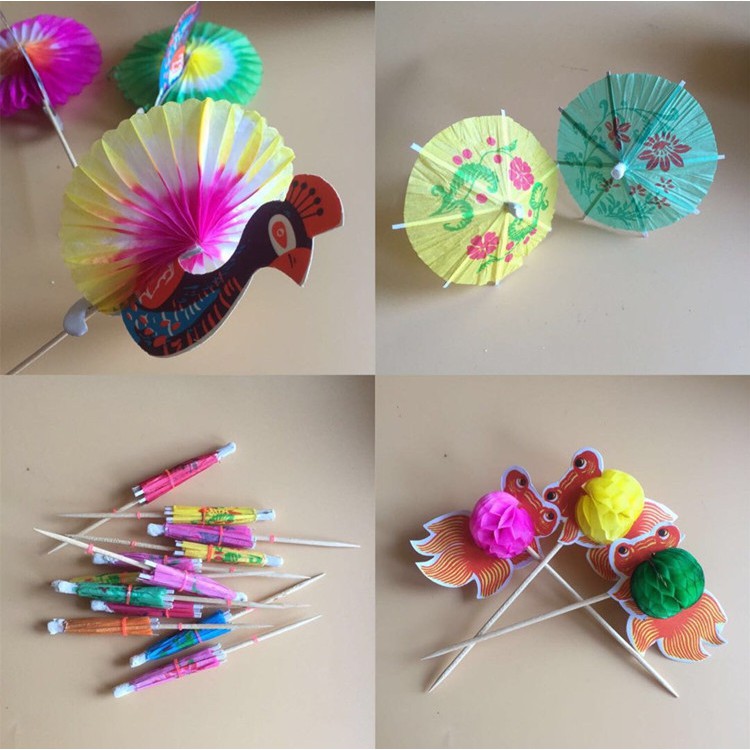 滿250出貨 意境 花簽水果彩色竹簽水果叉孔雀金魚雨傘裝飾藝術簽冷盤刺身點綴擺件 蝦皮購物
