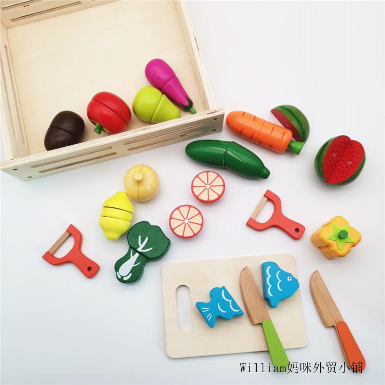 ♞出日本磁性木制水果蔬菜切切看切切樂兒童過家家廚房玩具含收納2+
