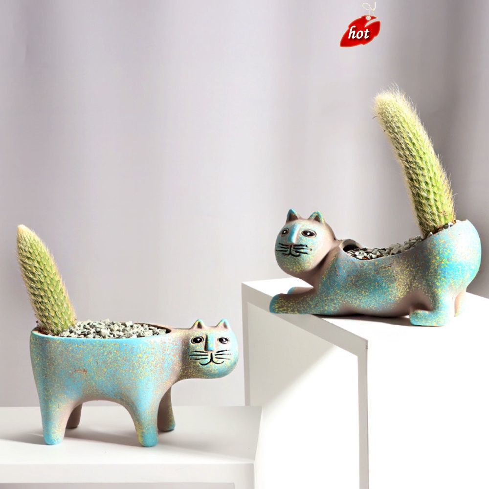 實創意可愛猫咪尾巴花盆陶瓷個性卡通動物簡約多肉猴尾柱仙人掌花盆