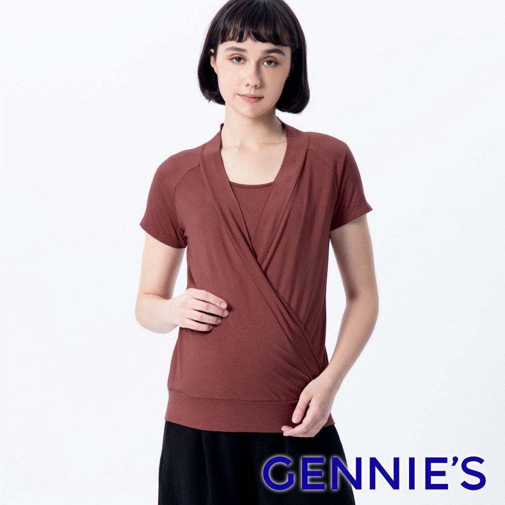 【Gennies 奇妮】假兩件哺乳孕婦上衣-咖啡紅(T3L08)