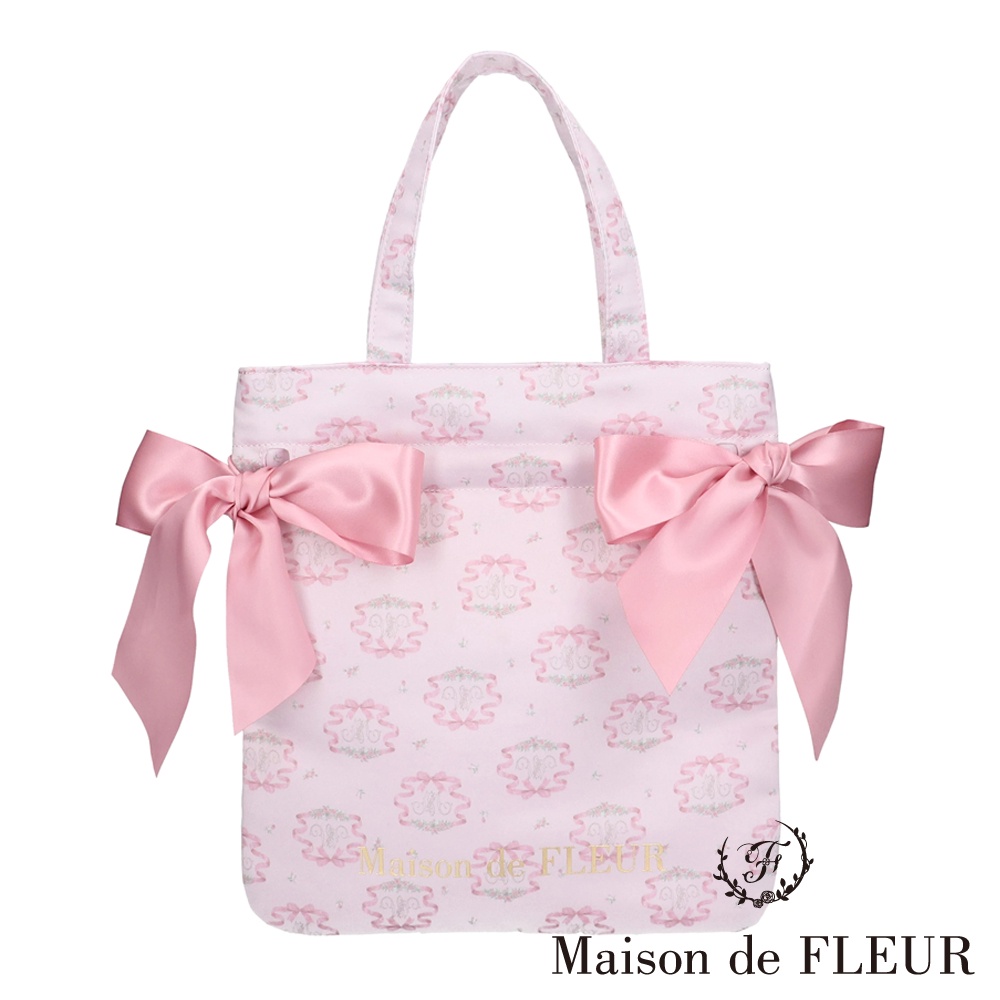 Maison de FLEUR 9週年紀念玫瑰印花雙緞帶迷你托特包(8A23F0J5800)