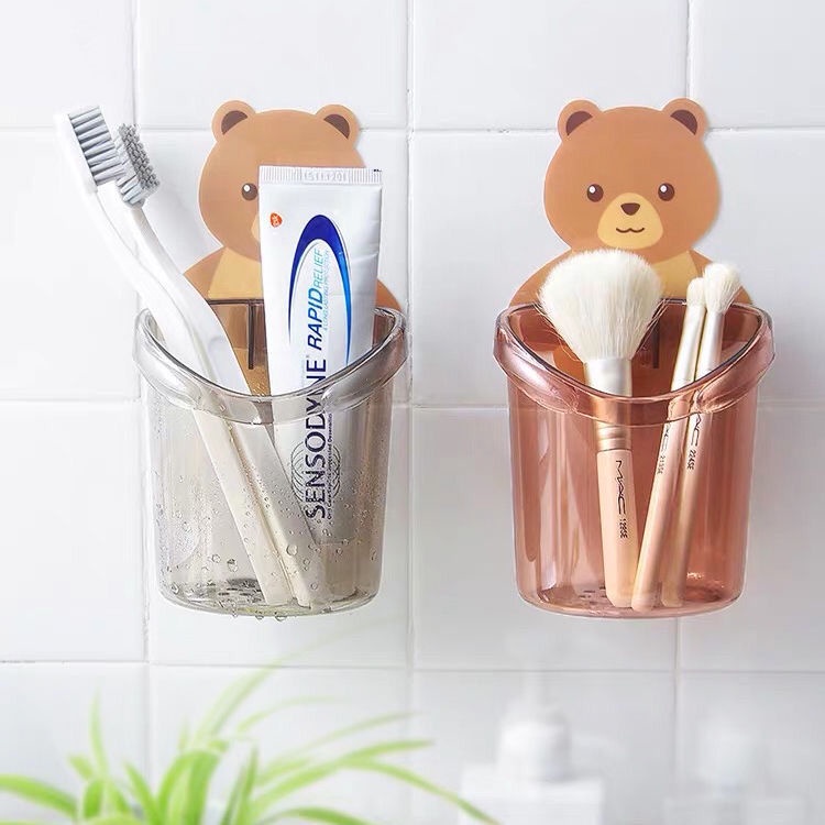 【現時下殺】2個裝 小熊瀝水置物架 牙刷牙膏杯 衛生間 免打孔 牙刷架 收納盒 壁掛式 梳子架 現貨