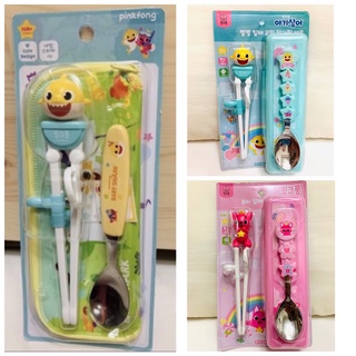 🇰🇷韓國代購～韓國製 鯊魚寶寶/ 碰碰狐 pinkfong Baby shark 兒童學習筷 湯匙 收納袋 餐具收納盒