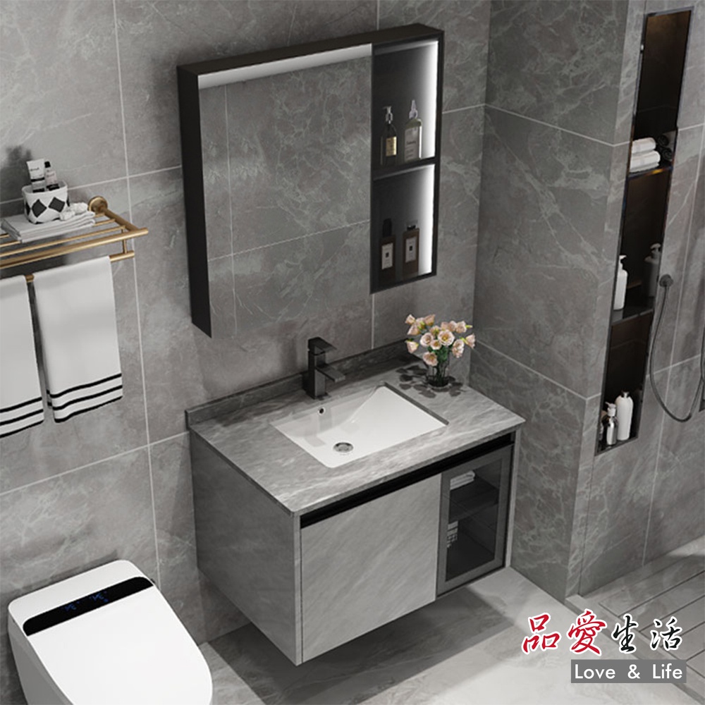 【品愛生活】輕奢太空鋁岩板盆懸掛浴櫃洗手台-80cm(附鏡櫃)
