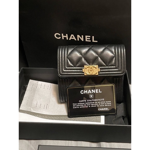 Chanel Boy羊皮金釦三折短夾