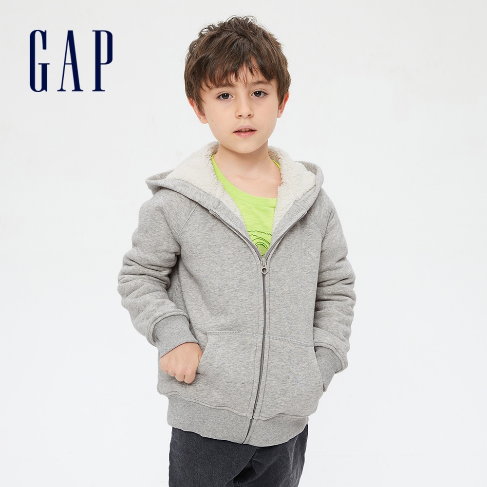 Gap 兒童裝 仿羊羔絨連帽外套-灰色(733485)