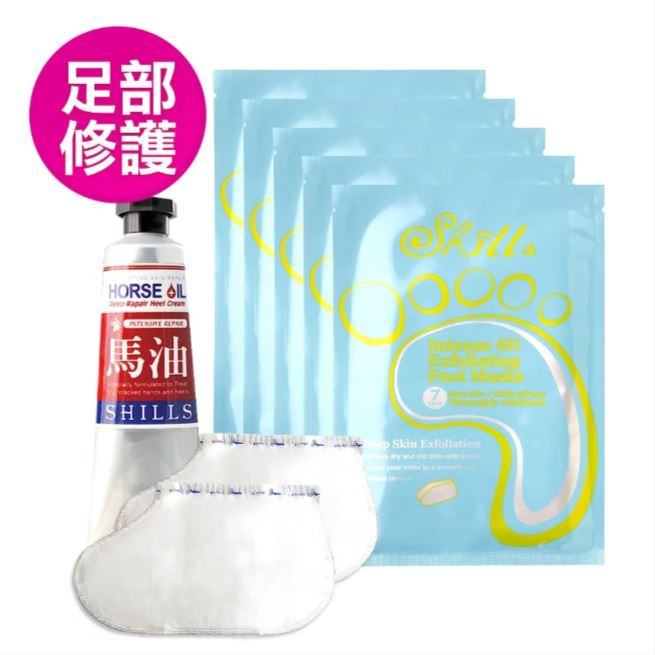 【SHILLS舒兒絲】美足修護組-膠原蛋白美足膜5入(40ml X 1對)+馬油修護潤澤手足龜裂霜50ml