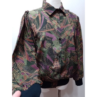 日本古著棉麻和服印花秋冬公主袖上衣XL號旋轉56