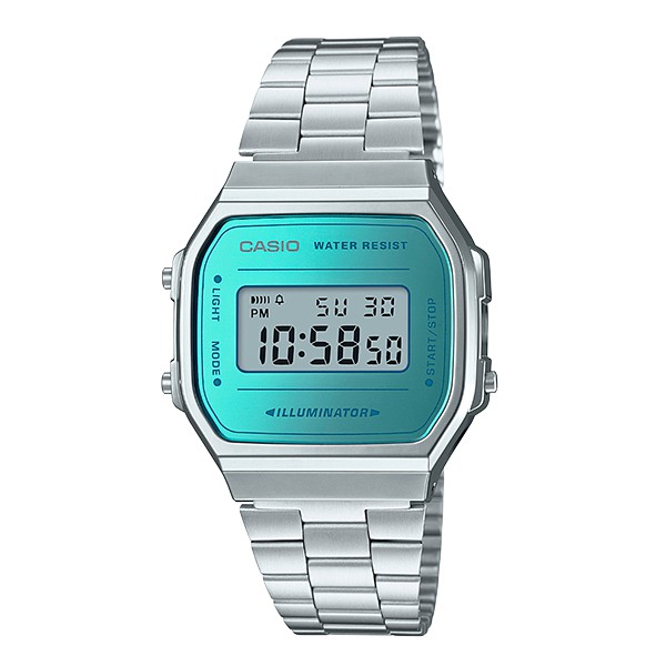 【金台鐘錶】CASIO 卡西歐 簡約電子錶 (復古造型) 鋼帶 方型 (綠)  A168WEM-2