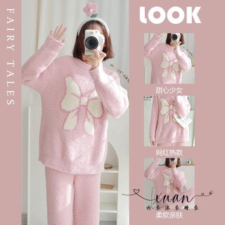 Xuan♥2022新款軟綿綿加厚珊瑚絨睡衣女冬款長袖套裝可愛蝴蝶結家居服冬