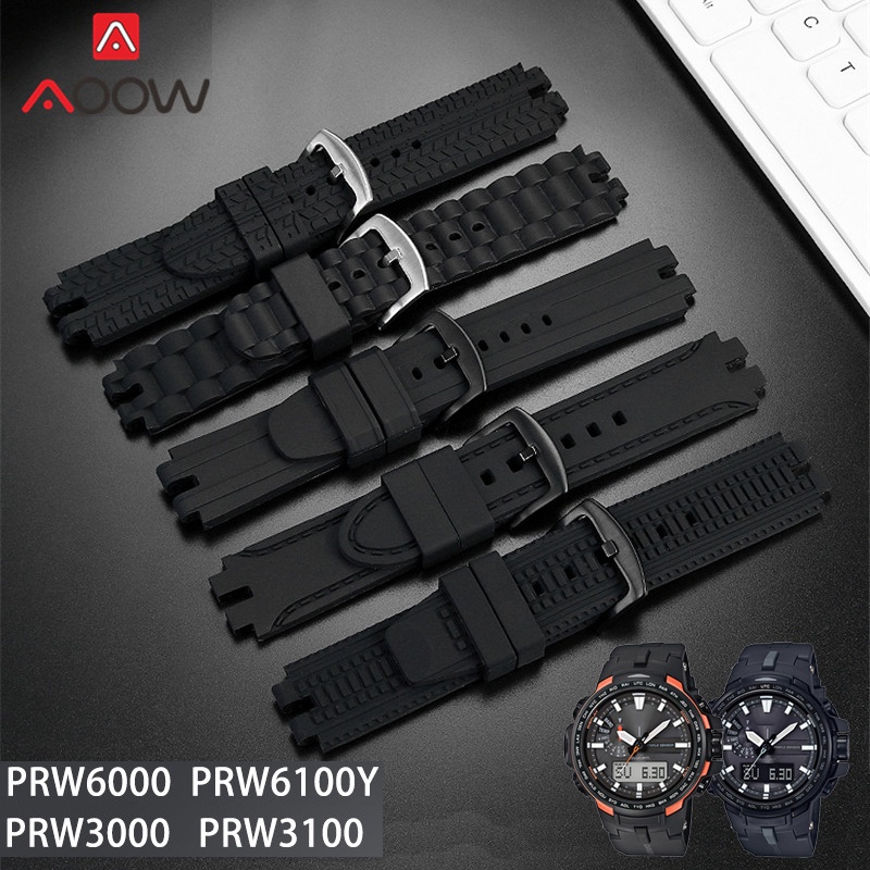 卡西歐 Protrek PRW-3000 3100 6000 6100Y 不銹鋼扣男士矽膠運動防水手鍊錶帶橡膠錶帶