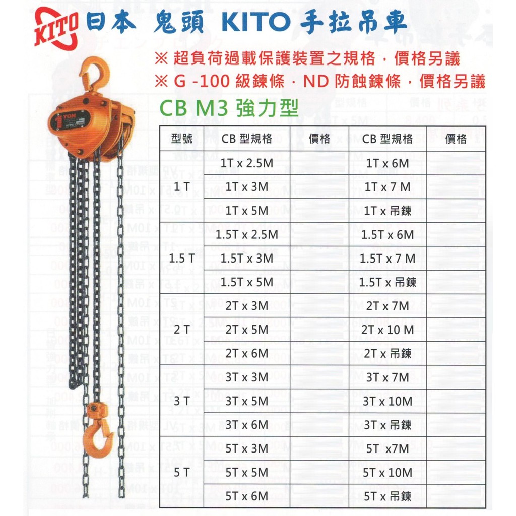 日本 鬼頭 KITO 手拉吊車 CB M3 強力型 價格請來電或留言洽詢