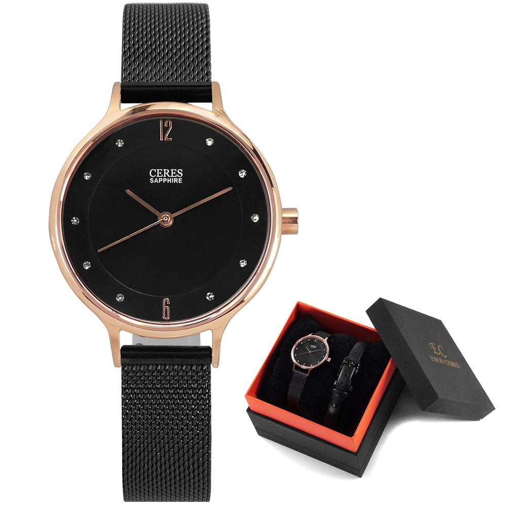 EROS CERES 贈錶帶 / 晶鑽 米蘭編織不鏽鋼手錶 禮盒組 黑x玫瑰金框 /LQ3053RG-BKBK/30mm