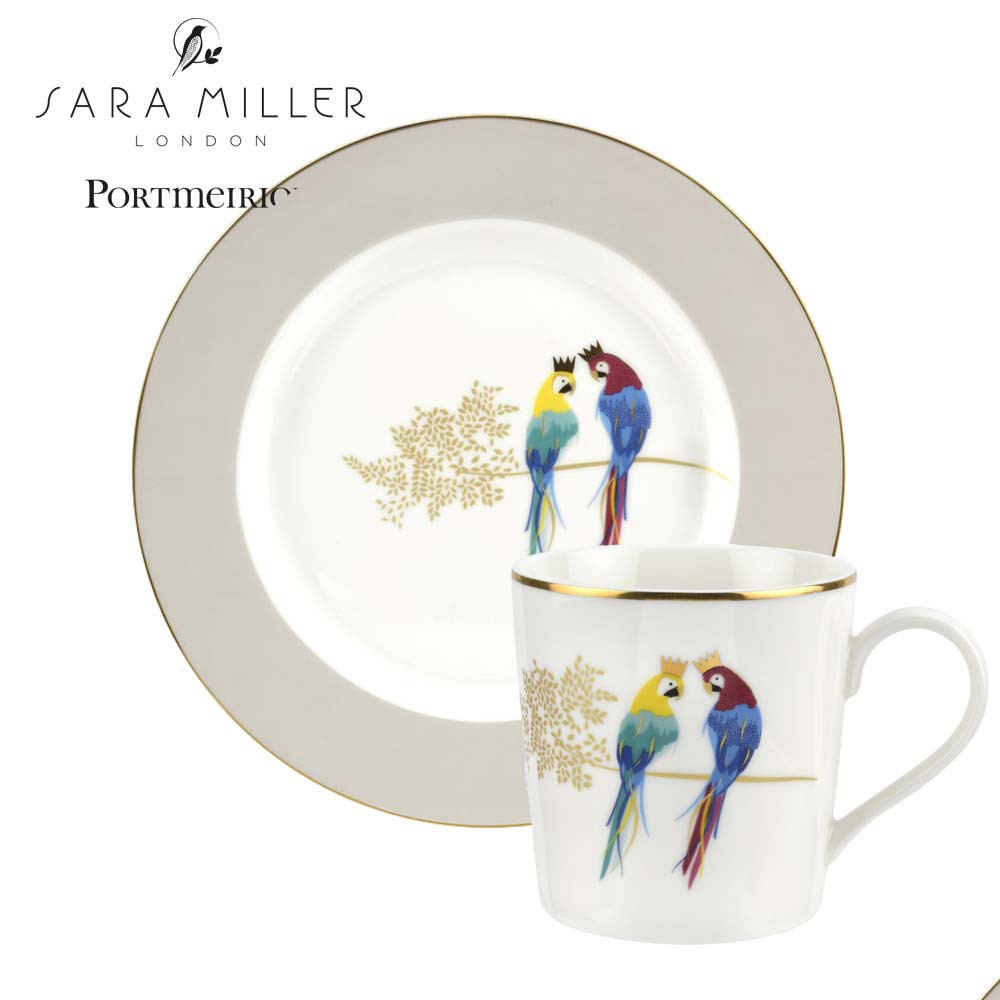 【Portmeirion】SaraMiller設計聯名款-小動物樂園系列-鸚鵡馬克杯+點心盤組