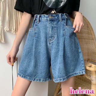 【Helena】高腰顯瘦牛仔短褲 寬鬆a字闊腿褲 五分褲 熱褲 韓版夏季休閒百搭大口袋褲子 短褲女【C110】