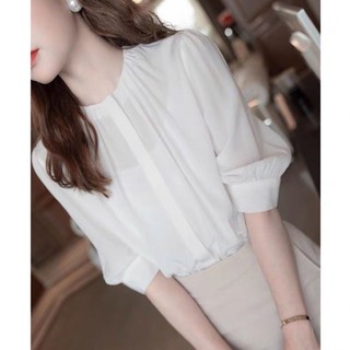 雪紡五分袖上衣(白色)@韓國 法式風格 氣質 圓領 襯衫 開衫 送吊帶 顯瘦