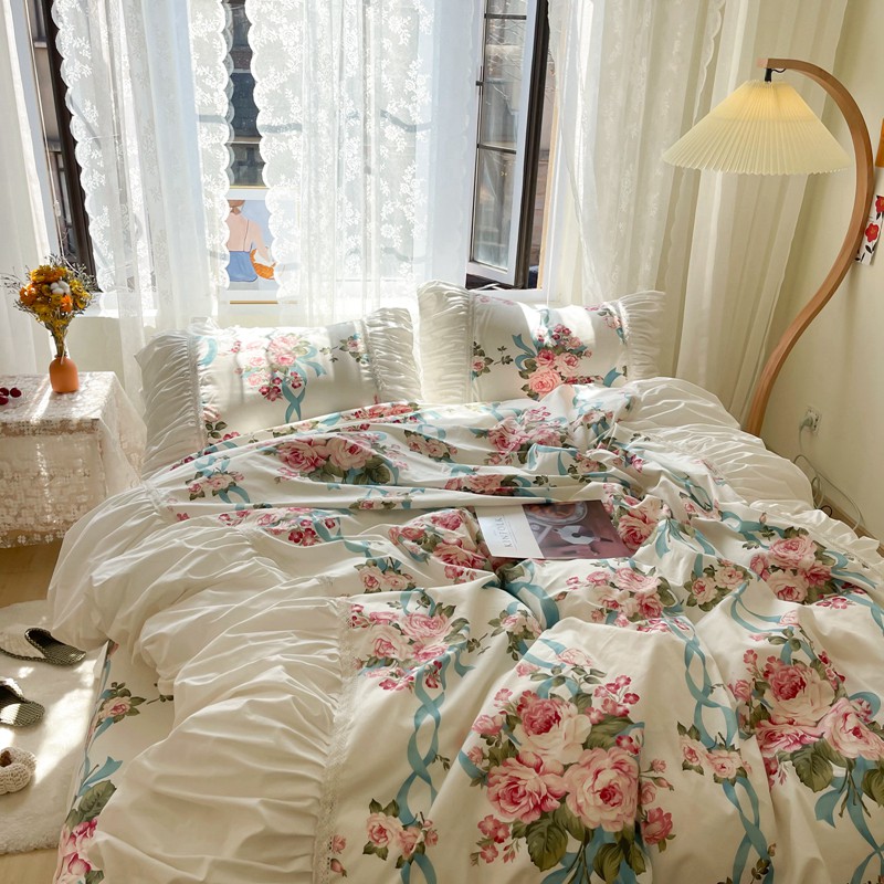 床罩組 床裙組 精梳純棉 標準雙人 加大床罩 清新花 含隱藏床包 不滑動 不起毛球 白色款