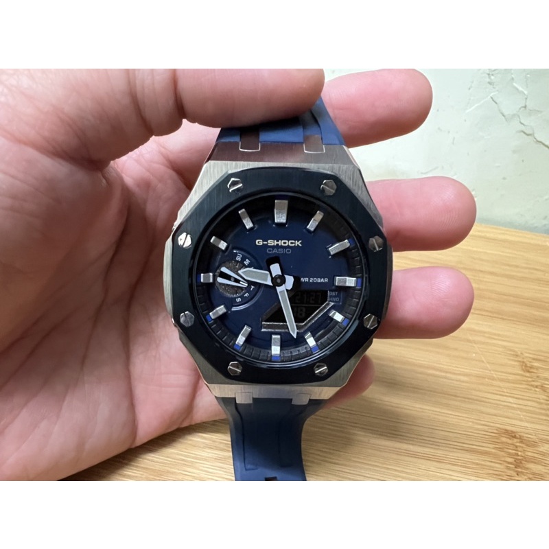 g-shock ga-2100 海軍藍改五代錶殼（銀底金屬藍八角框）+藍色膠帶