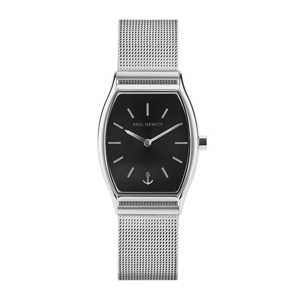 PAUL HEWITT德國船錨造型設計師品牌手錶ModernEdge Line摩登酒桶型皮革腕錶 - 黑面x不鏽鋼米蘭帶