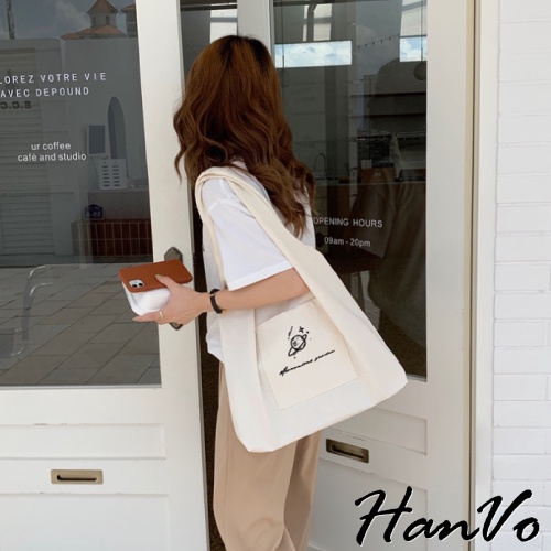 【HanVo】清新文藝感刺繡帆布包 韓國百搭實用大容量包包 上課上班包 韓系帆布包 女生配件 A1018