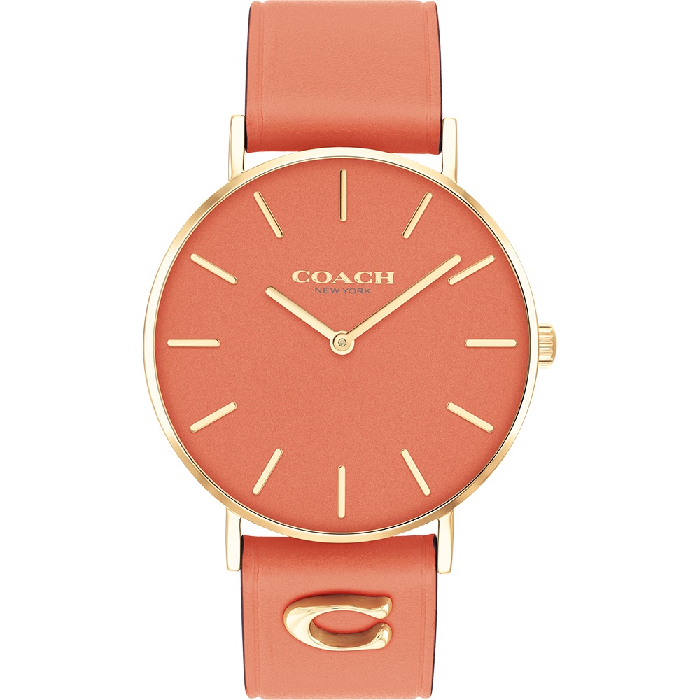 COACH Perry 品牌C字皮錶帶女錶-玫瑰金x珊瑚橘 CO14503922