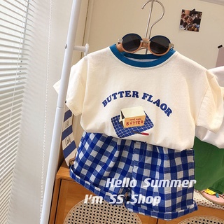 ❤新品上新❤韓國童裝 夏季兒童字母短袖T恤格子短褲兩件套 男女童韓版洋氣方塊上衣 寬鬆休閒褲套裝