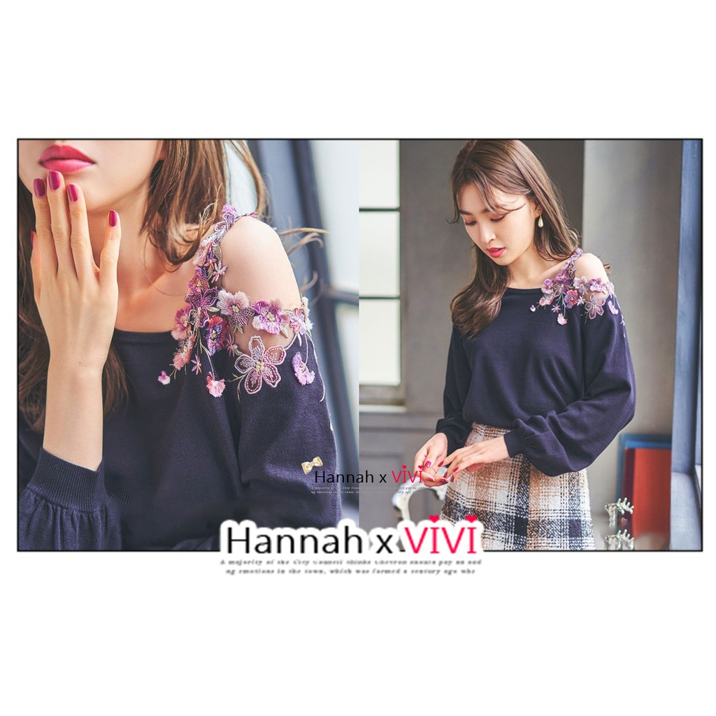 HannahxVIVI 全新 21早春最新夢幻逸品日系精品 重工立體繡花精緻露肩刺繡花朵針織毛衣上衣斜肩露肩小露性感