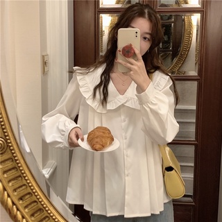 Floranna 韓式荷葉邊襯衣復古寬鬆長袖上衣 白色娃娃領襯衫