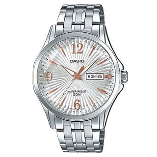 【CASIO】卡西歐 六芒星璀璨閃耀精緻不鏽鋼紳士錶-白X玫瑰金 MTP-E120DY-7A 台灣卡西歐保固一年