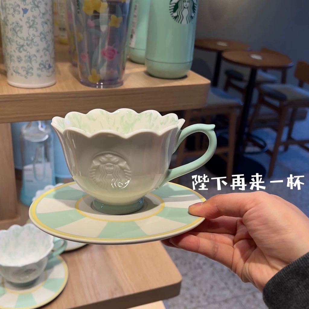 Starbucks官方正品！韓國星巴克杯子2022花園花朵綠色黃色馬克杯杯碟組喝水杯子果汁珍奶茶奶昔茶水咖啡杯237ml