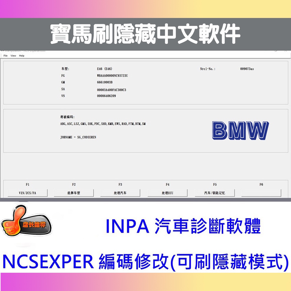BMW電腦刷隱藏(中文軟體)INPA NCSEXPER K-DCAN 汽車診斷 電腦編程