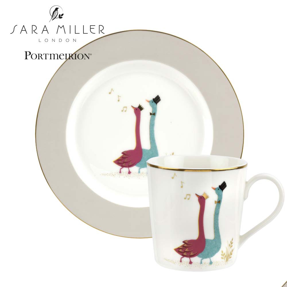 【Portmeirion】SaraMiller設計聯名款-小動物樂園系列-高歌鵝馬克杯+點心盤組