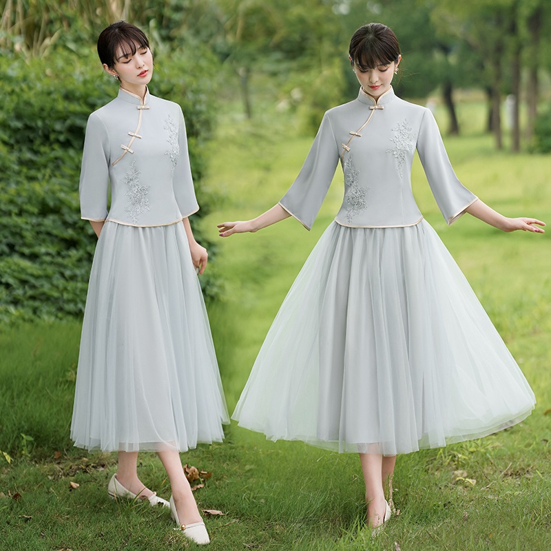 中式 伴娘服 秋季 復古 中國風 姐妹 伴娘團 日常 可穿 粉色 修身 禮服 中國風禮服 姐妹團